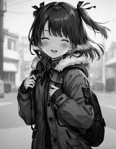 score_9, score_8_up, score_7_up,  <lora:LowKeyLightsPony:0.6>LowKeyLights,
1girl,solo,blush,smile,open mouth,bangs,long sleeves,ribbon,jacket,monochrome,closed eyes,hair ribbon,upper body,greyscale,outdoors,open clothes,teeth,hood,bag,open jacket,two side up,coat,sleeves past wrists,fur trim,depth of field,blurry background,backpack,hood down,breath,hooded jacket,facing viewer,holding strap,fur-trimmed hood