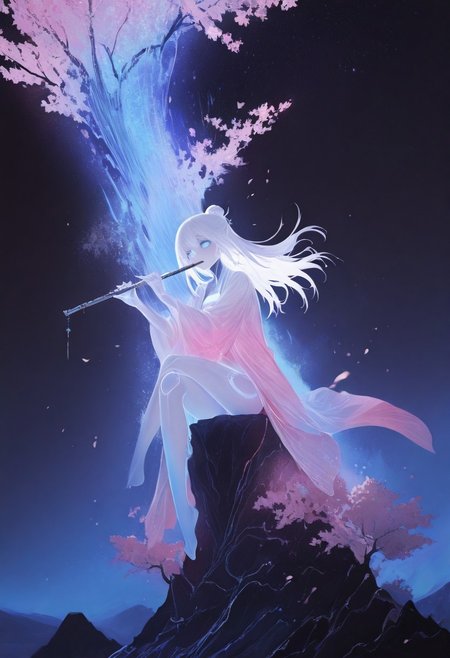 masterpiece, best quality, good quality, very awa, newest, highres, absurdres, 1girl, solo,  
cherry blossoms, 
 limited palette, sketch, glowing, psychedelic,
BREAK
masterpiece, best quality, good quality, newest, highres, absurdres, volumetric lighting,gradient color, uncensored, 
BREAK 
raytracing, volumetric lighting, ambient occlusion, girl, background, masterpiece, best quality, very awa, absurdres, 
BREAK 
ambient occlusion, raytracing, soft lighting, blum effect, masterpiece, absolutely eye-catching, particles, glow, shining, intricate cinematic background, (beautiful face), 
BREAK 
masterpiece,amazing quality,best quality,ultra-detailed,8K,illustration,CG, ultra-detailed-eyes, detailed background,cute girl, eyelashes, love hotel, erotic, steamy, petals falling, 
BREAK
(sexy, slutty, hot, aroused) 
Automaton, colored skin, robot girl, robot joints, white hair, blue eyes, metal_skin, 
BREAK
night, milkyway, hanfu, elegant hanfu, long hair,
playing flute, flute, sitting on mountain, wind, waterfall, starry sky, sound wave, front view, crossed legs, bare foot, close view,