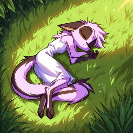 Dreamkeepers,1girl,Prelude_Vi,solo,furry,tail,source_furry,hazel eyes,
masterpiece, child, kid, 
grass, laying, sleeping, summer, outside, messy hair, white summer dress,