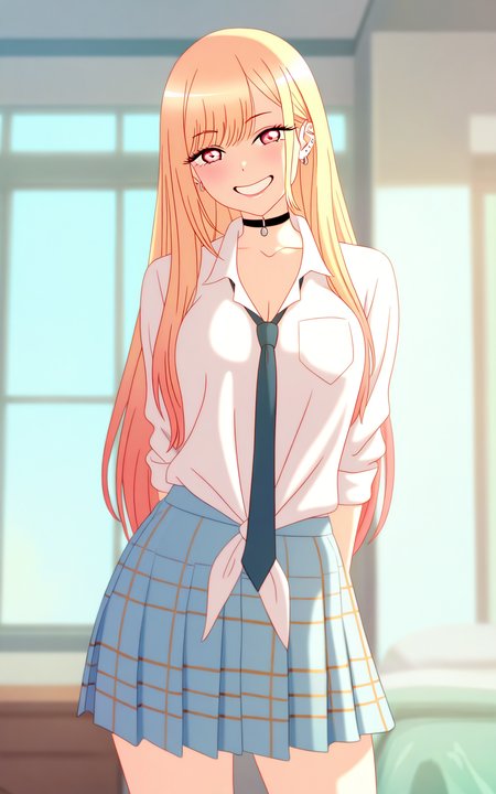masterpiece, detailed, (wrongdataset:1.2), 1girl, solo, kitagawa marin, blonde hair, long hair, red eyes, school uniform, skirt, smile, standing, cowboy shot, indoors, home, looking at viewer, <lora:wrongdataset_IL:1>