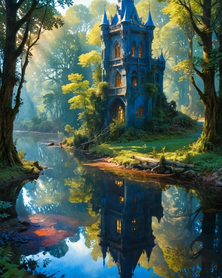 proud princess, forest, water, reflections, transparency, indigo, slimy, vivid color, The Tower of Shadows, Edgar Maxence,  neon, <lora:add-detail-xl:1>, <lora:xl_more_art-full_v1:0.8>
