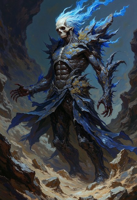 detailed photorealistic image, closeup portrait of (evil (undead) (stone being:0.7), (golem:0.9), corrupted, hovering stones and dirt forming the rough shape of a (human:0.7), (hair:0.2), corrupted grey (skin:0.7) made of dirty-stone, (lichen:0.4), horror, (stone skull:0.4), (obsidian:0.3), flowing with (grey:0.3) magic, magical lichen, swirling transparent dark blue magic, stone skeleton, dramatic angle, (extreme angle shot), epic fantasy, (hands:0.7) and (legs:0.7) made of rocks, (head:0.4) made of geode, close-up, (oil painting), in (ukiyo-e style:0.8), (by Edgar Degas:1.1), (by Pierre-Auguste Renoir:0.7), (by Claude Monet), (by Vincent Van Gough:1.2), directional lighting, masterpiece, perfect composition,