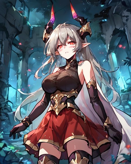 (score_9, score_8_up, score_7_up), source anime, indoors, forest, night, ruins, (night), stars, cosmos, <lora:backgroundsetXL:0.2> , background, woman ruins standing, <lora:Expressive_H:0.8> , expressiveh, female focus, blush, looking at viewer, <lora:HandFixer_pdxl_Incrs_v1:0.45> , handfixer, depth of field, highly detailed,(cowboy shot),  <lora:StS_detail_slider_v1PonyXL:2>, detailed, clutter,   <lora:NLSTN:0.6> , NLSTN, dark, glowing,  <lora:Manhwa-Artstyle__PonyXL__Shufflebox:0.65> , Manhwa-Artstyle, anime_source,   <lora:gbf_threo_ponyXL:0.65> , threodef, long hair, grey hair, horns, pointy ears, red eyes, white cape, armor, sleeveless, black gloves, elbow gloves, red skirt, miniskirt, black thighhighs, armored boots, large breasts,