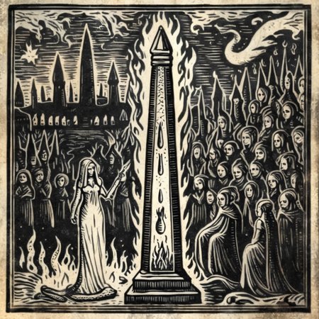 obscurae  mythical obelisk and priestess in the background of flames, very detailed <lora:obscurae:1>