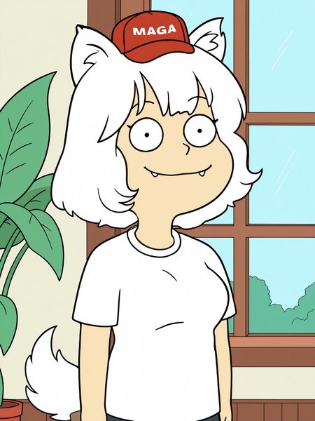 yellow_skin,
Awoo, 1girl, breasts, inubashiri_momiji, white_hair,  red_hat, maga_hat, wolf_ears, wolf_tail, wolf_girl,
solo, window, blonde_hair, indoors, smile, black_eyes, traditional_media, closed_mouth, parody, shirt, white_shirt, fangs, looking_at_viewer,, day, short_hair, plant, cowboy_shot, smile,
<lora:Awoo_Illustrious_SD8:1>  <lora:American_Dad_Illustrious_X1_SD8:1>