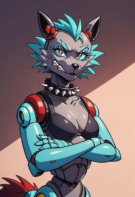 score_9, score_8_up, score_7_up, score_6_up, source_furry, (eyeshadow:1.6), (feminine eyelashes:2), 1girl, female, angry, scowl, thin waist, evil eye, red tail, cyan hair, (robot:2), wolf, metal armor, tall, adult, medium breasts, (spiked collar:2), crossed arms