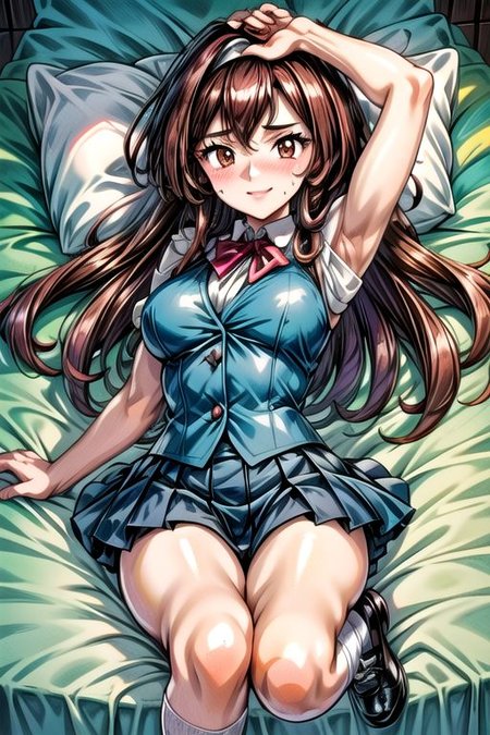 <lora:Giselle_Pokemon-07:0.8>, 1girl, solo, long hair, looking at viewer, smile, upper teeth, bangs, skirt, simple background, brown hair, shirt, brown eyes, school uniform, full body, white shirt, short sleeves, pleated skirt, shoes, socks, puffy sleeves, miniskirt, black footwear, vest, puffy short sleeves, blue skirt, kneehighs, white socks, black background, mary janes, blue vest, Happy, Lying on Back,  sweat, solo focus, lying, armpits, on back, outstretched arms, spread arms, pillow, arm grab, bed, sleeveless,