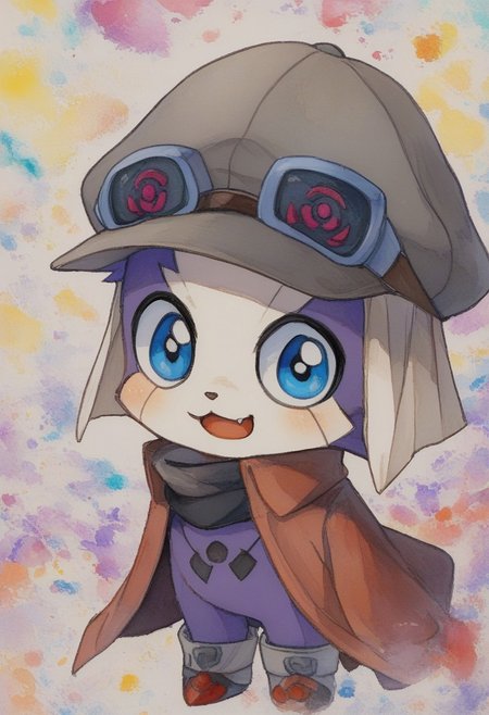 (Offmon:1.2),( cute face:0.7), blue eyes, male, boy,  (in the style of holographic patterns.:1.1), (half-body shot:1.1),(luminous, pixelated shards resembling shattered screens  colorful digital art.:1.1) glitchy distortion aesthetic colorfull palette. background is a deep, electric cables glitchy, electric light that dance in chaotic harmony,  glitch art, surrealism, high contrast, vibrant colors, psychedelic patterns, ethereal glow. The overall mood should be one of distorted lens of a malfunctioning AI , offmon, digimon, shirt, longsleeve, hat, googles, solo, hat, watercolor \(medium\), traditional media,