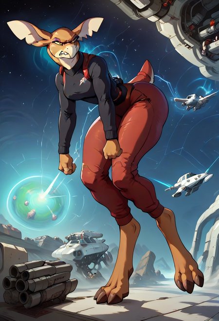 score_9, score_8_up, score_7_up, score_6_up, score_5_up, score_4_up, masterpiece,sexy girl, Stith_Titan_AE,  ((scifi,spaceship, gun turret, shooting turret)),levitating,  floating in space, angry expression, femdom, black sweater, thick thighs,anthro,spacesuit, jewelry, full body view, (determined), pink makeup,side view, close up view,solo