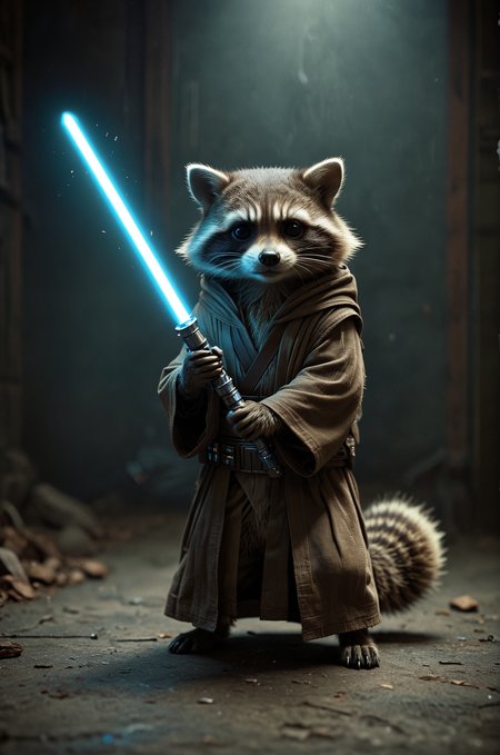 racoon jedi with blue lightsaber,faded film, ,desaturated, 35mm photo, grainy, vignette, vintage, Kodachrome, Lomography, stained, highly detailed, found footage . octane render, highly detailed, volumetric, dramatic lighting