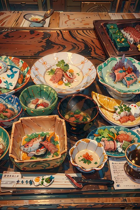 (masterpiece:1.3),(best quality:1.3),highres,vivid_color,colorful,ultra-detailed,masterpiece,extremely detailed CG unity 8k wallpaper,best quality,<lora:Detailed_Places_R-128_v1:0.7>,no humans,plate,food,food focus,bowl,sashimi,meat,still life,cup,slice,fish,tea,table,scenery,soup,