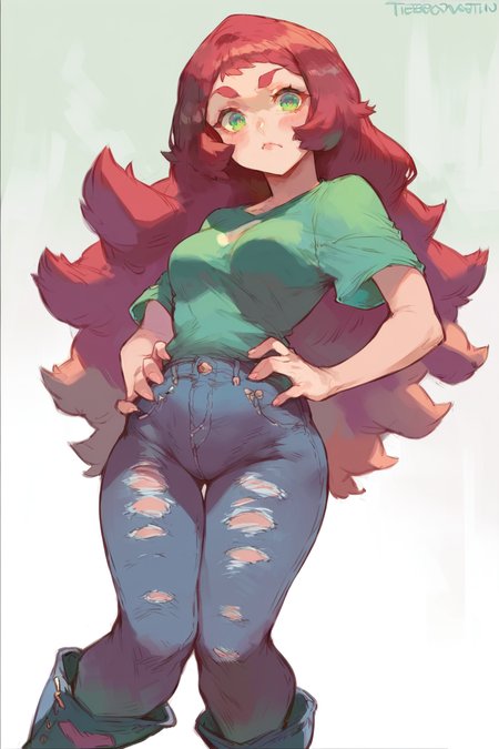 <lora:CuteSexyRobutts:1>, score_9, score_8_up, score_7_up, score_6_up, score_5_up, rating_questionable, source cartoon
1girl, pretty face, pretty eyes, detailed eyes, HD eyes, thick thighs
hands on hips, standing, cowboy shot
looking at viewer, blush, eyebrows, long hair, red hair, green eyes jeans, green t-shirt, boots, high waisted jeans
simple background, white background