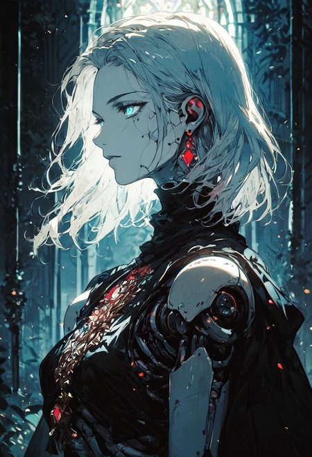 score_9, score_8_up, score_7_up, (unreal engine 5, unreal engine 3d scene), HD, details, high quality, rendered face, source_anime, good_hands. hourglass figure, perfect body,
score_9_up, score_8_up, score_7_up,source_anime, highly detailed, sharp, masterpiece, intricate details, a sexy robot girl,  flirtatious expression, 
BREAK
medium hair, earrings, cloak ,cape, jewelry, blue shorts, boots,
BREAK
soft skin, soft skin, shining glossy skin, soft abs, slim waist, (slender body),
Expressiveh, (volumetric lighting:1.2), cinematic, cinematic lighting, reflections, ultra hd, visual effects, graphic effects, 
ambient occlusion, raytracing, soft lighting, realistic, blum effect, masterpiece, absolutely eye-catching, particles, glow, shining, intricate cinematic background, (beautiful face), 
BREAK
 (score_9, score_8_up, score_7_up), (Masterpiece), (expressive eyes), 1girl, Automaton, colored skin, (white_skin:2.0), (joints:2.0), white hair, blue eyes, glowing blue eyes, <lora:MGE_V5.1:0.5>
BREAK 
score_9, score_8_up, score_7_up, score_6_up, score_5_up, 
<lora:mitraXLP:1> mitra,
<lora:Kenva:1.0> knva, halftone effect,