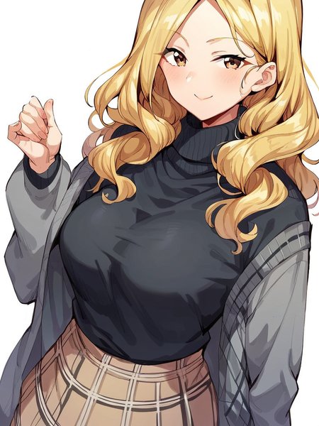 score_9, score_8_up, score_7_up,  
1girl, clerk dt, long hair, wavy hair, parted bangs, large breasts, blonde hair, brown eyes,

standing, white background, beige skirt, plaid skirt, black sweater, turtleneck, grey cardigan, smile, closed mouth, looking at viewer,


