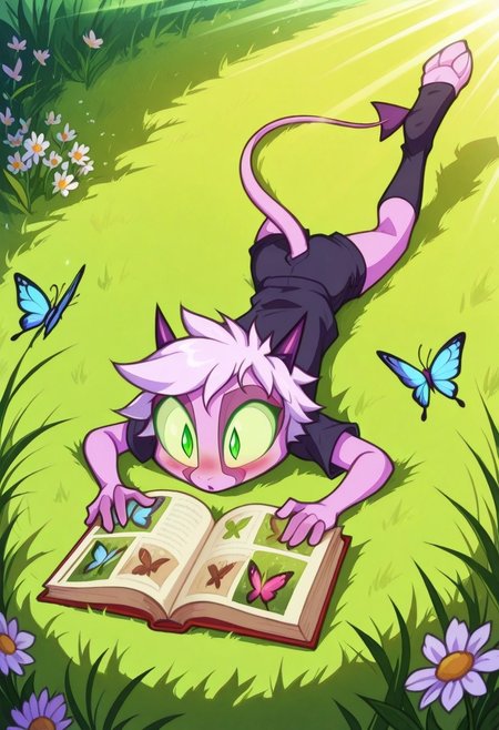 Dreamkeepers,1girl,Prelude_Namah,solo,demon tail, green eyes, horns, 
child, kid, 
lying sprawled on a grassy hill, a picture book propped open on her stomach. Her legs kick absently in the air, socks mismatched and shoes discarded nearby. Butterflies land on the pages as she gasps dramatically at a fairy-tale illustration, her hair strewn with daisies from a nearby field, reading, picture_book, grassy_field, mismatched_socks, barefoot, butterflies, daisies,  wind_blown_hair, surprised_expression, blush, dynamic_pose, nature, sunlight, innocent_face, discarded_shoes