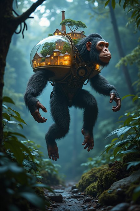 national geographic photography of an ape that is jumping in the night sky in the jungle, he transport a terrarium with a miniture city on his back, realistic, mechanical vegetal cyborg, futuristic robot organisms, steampunk robot ape, steampunk animal