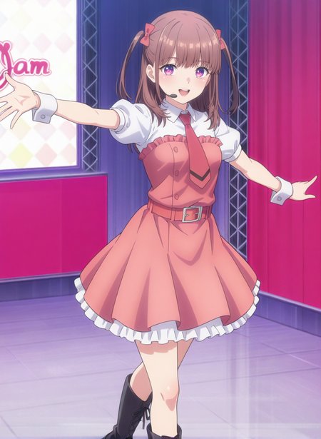 High quality,Ultra detailed,best quality,insanely detailed,beautiful,masterpiece,absurdres,very aesthetic,sensitive BREAK
1girl,solo,<lora:ichii_maina_V1_IL:1>,(ichii_maina, purple eyes, brown hair, long hair, bangs, two side up, hair bow, small breasts),(idol,white shirt,red necktie,puffy short sleeves,collared shirt,belt,dress,boots,frills,pink dress,wrist cuffs,black footwear),oshi ga budoukan itte kuretara shinu,looking_at_viewer,posing,smile,singing,dancing,indoors,<lora:chamjam_stage_V1_IL:1>,stage,chamjam_stage,headset,