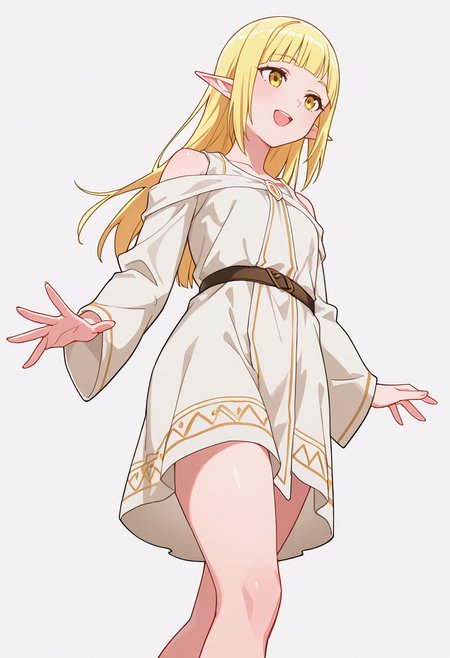 Smooth Quality,masterpiece,very intricate, high quality details, ultra realistic, high detailed skin,detailed enviorement,absurdres,
spread fingers,solo,
 <lora:Rune_Noma_CNR:0.8> rune_cnr, pointy ears, blonde hair, long hair, yellow eyes, blunt bangs, elf,, simple background, white background, from below,
walking, arms swinging, relaxed shoulders, looking forward, natural movement,  ,, :d,, robe,  ,anorak,  ,wrap skirt,  ,