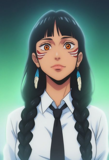 score_9, score_8_up, score_7_up, source_anime, intricate details, anime screencap, perfect balance, official art, extremely detailed CG unity 8k wallpaper, perfect lighting, Colorful, Warm_Front_face_Lighting, (masterpiece:1.0),(best_quality:1.0), ultra high res,4K,ultra-detailed, photography, 8K, HDR, highres, absurdres:1.2, Kodak portra 400, blurry background, bokeh, lens flare, (Anime) (vibrant_color:1.2), professional photograph, night, (cute_face:1.2), 2d, anime, upper body, intricate iris, American, Professional character design, 1girl, female focus, (Orange eyes), perfect eyes, (black-hair), Native American, Indigenous, American Indian, youthful, solo, jujutsu_kaisen_style, character portrait, (perfect-lighting), face, young, (Dark-black-hair), Long hair, (Native American), Indigenous, American Indian, (((wild eyes))), (Native North American), (Upturned eyes), (high cheekbones), (strong jawline), (Black Hair), ((((Native-American-Eagle-feather-braids, Native American Eagle feather accessories)))), (((wild eyes))) ((Bobbed Bangs)) (((Slanted-Eyes))) (Psycho) (Happy) (White Dress Shirt), (Warpaint), (Redwood Forest, Pacific Northwest Forests), (Inuit), (Tan skin), (Dark Skin), (Brown skin), (bobbed hair), White Eagle-Feather-Earrings, Thick Bangs, Bobbed hair, Bob-cut, White-Feather-Earrings, Brown-skin, Inuit Face-paint, Full-Bangs, Wide-Bangs, Thick-Hair, Native Face-paint, cleavage, (White Dress Shirt), (Black Suit Tie), Psycho, Yandere, big irises, Big eyes