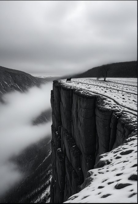 masterpiece, best quality, amazing quality, very aesthetic, perfect eyes,hiper realistic,

,solo, standing, monochrome, outdoors, greyscale, day, tree, scenery, nature, snow, walking, wolf, landscape, fog, cliff, footprints, very_wide_shot,A lone tree stands on the edge of a rocky cliff, its branches reaching up towards the sky. The sky is overcast, with a hazy, misty atmosphere. The ground is covered in a thick layer of snow, and the cliff itself is jagged and uneven. The image is in black and white, with no watermark or other elements present.
