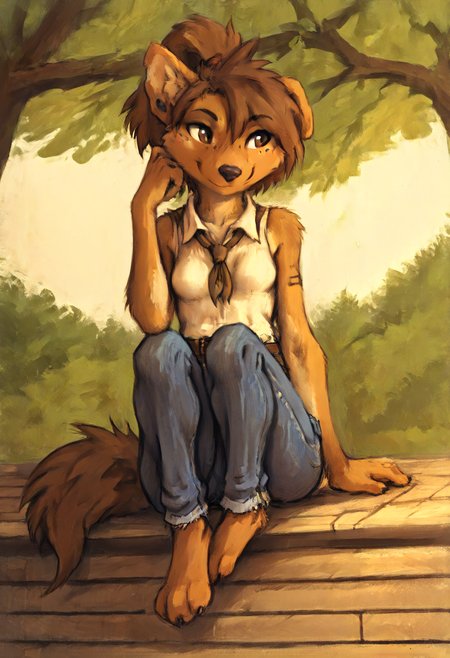 (score_9, score_8_up, score_7_up, score_6_up, score_5_up, score_4_up, source_furry, kenket style), furry, anthro,  female, animal ears, brown hair, short hair, ponytail, brown eyes,  curvy,  small breasts, cowboy clothes,chaps,jeans,brown belt, solo,  sitting , one outstretched leg, park
