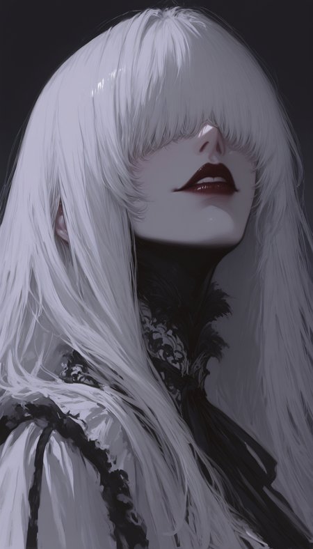 masterpiece, 8K, depth of field, focused subject, best quality,newest, absurdes, 1girl, solo, close up portrait, grey white hair, symbiotic black shadow over female body as the dress, blach dress, ribbon dress, deep dark shadow on body, dim lit, dark fantasy, messy hair, long bangs over eyes, mystic and creepy ambience, surreal abstractionism, Cheshire grin on face,burgundy lips, from side, low angle shot, victorian, classicism, gothic, shading, sketch art style, sharp focus, arsmjstyle, 7481llu, 4kiak4ne_illu, cknc, g0zena_illu, <lora:HyperdetailedColoredPencilIl:0.33> <lora:748cm_illu:0.75> <lora:4kiak4ne:0.3> <lora:ck-nc-cyberpunk-IL:0.3> <lora:NOOB_vp1_detailer_by_volnovik_v1:0.8> <lora:ponyv6_noobV1_2_adamW:0.25> <lora:G0zeNA_style:0.25>
