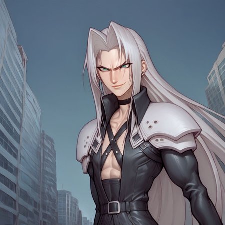 score_9, score_8_up, score_7_up, flightless detailed closeup action shot, from front, Sephiroth leaping through the air swinging very long sword in a wide overhead arc, smug expression, dynamic pose, exaggerated perspective emphasizing action, in an industrial city at night, dim street lighting, solo, beautiful, androgynous, flat chest, leather straps, broad shouldered, long draping leather overcoat, high contrast, industrial cityscape background,