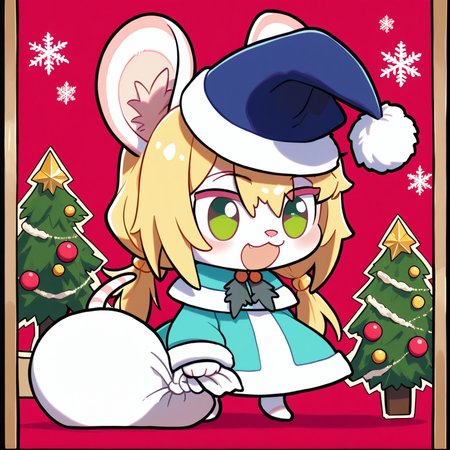 padoru <lora:padoru-IL-1.0:1>, masterpiece, perfect quality, best quality, anime coloring, 1girl, solo, padorumeme, padoru, christmas background, Chloe, 1girl, solo, long hair, blonde hair, animal ears, green eyes, furry female, mouse ears, mouse girl, mouse tail, body fur, white fur, bangs, animal nose,  <lora:Chloe_v02_PDXL:1>, score_9, score_8_up, score_7_up, score_6_up, score_5_up, score_4_up,