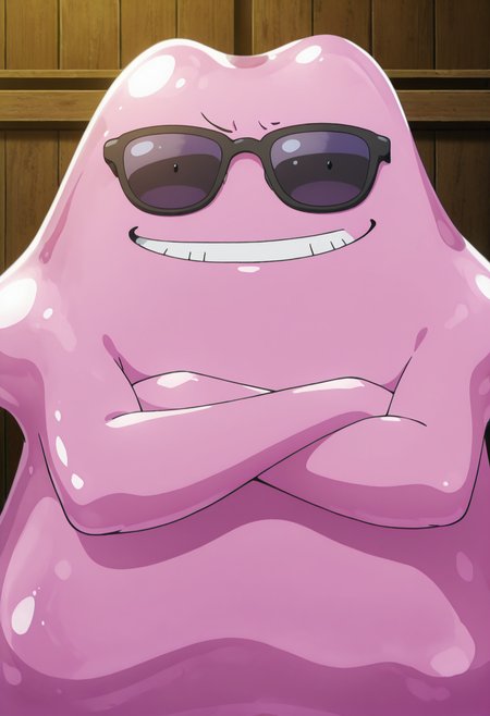 masterpiece, best quality, anime screencap, solo, no humans,   zzDitto, smug, smile, teeth, sunglasses, crossed arms,   ,<lora:DittoPokedex_IXL_v1:1.0>,