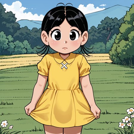 outdoors,  <lora:MagaliV2:1> MagaliTDM, 1girl, solo, short-sleeved yellow dress, black hair, three strands of hair that seem to resemble pigtails, black eyes, short,
