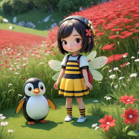 1girl, 3d, penguin bee girl, peppermint, grass and red flowers