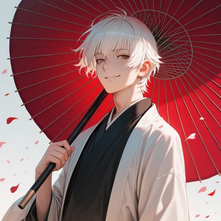 masterpiece, best quality, amazing quality, absurdres, newest, detailed background, definition so sharp, Ultra-HD, 8K cinematic, very awa, impressionate, amazing quality, highres, 
solo, male focus, manly, 
yashiroisana, 1boy, short hair, bangs, shiro_white hair, shiro_brown eyes, oil-paper umbrella, holding umbrella like a staff, playful smirk, calm gaze, wind blowing, floating petals, aesthetic, powerful, serene, playful