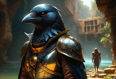 hi-res, detailed, score_9, score_8_up, score_7_up, score_6_up, score_5_up, 1girl, anthro, corvidfolk, paladin, beaked helmet, armored beak, iridescent feathers, starry cosmic background, walking on black water, dark void in the background, floating rubble and ruins, action pose, metal beak, magic scepter, arcing lightning