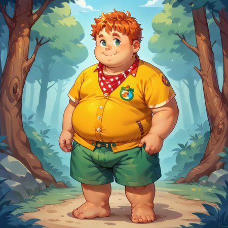 score_9, score_8_up, score_7_up, source_anime, fat, fat arms, fat legs, chubby cheeks, freackles, wearing a boyscout uniform, wearing shorts, wearing boy scout shirt, unbuttoned, wearing neckerchief, standing, summer camp background, 1boy, solo, forest background, happy mood, young, ginger hair, messy hair,  barefoot, chibfurri, five toes, cub.