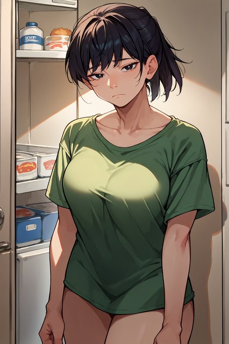 score_9, score_8_up, score_7_up, score_6_up, source_anime, 1girl, solo, <lora:tsukaharahibiki-pdxl-nvwls-v1-000005:1> amagamiHT, black hair, ponytail, black eyes, big breasts, green t-shirt, no pants, tired, refrigerator, looking at you, night, indoors