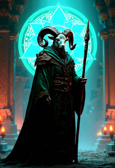 A photorealistic depiction of a  seasoned humanoid ram  mage with detailed robe, standing in front of a glowing, futuristic background filled with intricate circuitry patterns and vibrant, geometric light shapes, blending ancient and modern aesthetics.

The warrior with one hand holding wooden staff and the other holding a scroll or ancient artifact, the background merging traditional and futuristic elements with glowing circuits and vibrant patterns.

Subtle textures on the ground or surface the warrior stands on, with the light from the circuits and shapes casting faint reflections and adding depth to the scene

cinematic lighting, extremely intricate detail character, accurate depiction of character, correct body anatomy, correct hands and fingers, extremely intricate skin and facial skin texture detail, lifelike potrayal, extremely realistic lighting, extreme dynamic pose, extremely sharp background details, enhance background details














