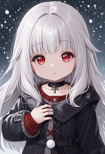 (((white very long hair)))
(((Bangs)))
((Red eyes))
((Detailed eyes))
((Expressionless))
((Small breasts))
((Black winter clothes))
((Choker))
((Black nail polish))
((Snow background))
((Looking at viewer))
((Short stature))
((Ribbon))
((Vampire girl))
((Jewelry))
((Cross colar))
(((One hand on chest)))