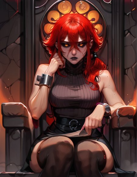 score_9, score_8_up, score_7_up,     detailed background, realistic lighting, sitting on throne, 
1 girl, detailed eyes,slim and fit, solo, dynamic pose,  mature adult female,
Kydra, red hair, hair glow, dark lips, sleeveless turtleneck, skirt, thigh highs, metal cuffs, tired, 
<lora:Kydra-000010:0.7>,
 <lora:Pony - Style - Kittew:1> 4RCH0N
