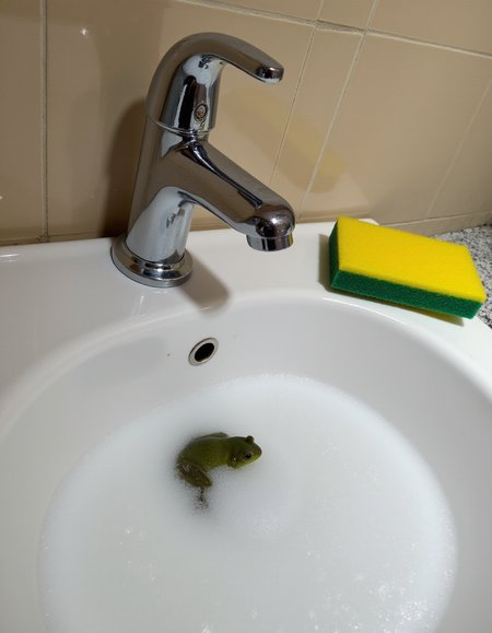 A photo of a kitchen sink with soap suds and a sponge resting on the edge. Water droplets cling to the faucet handle and surrounding tiles. A tiny frog can be seen bathing in the suds., <lora:amateurphoto-v5-14-15-1-1:0.4> <lora:Another_Amateur_Lora:0.4> <lora:Phlux:0.4> <lora:UltraRealistic_Lora_Project:0.4>