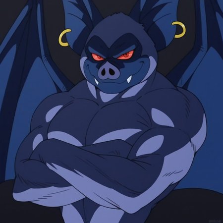 score_9, score_8_up, score_7_up, 1boy, solo, Expressiveh, (KillerBat, male bat, bat nose, bat ears, blue body, yellow earrings, wings, red sclera, red eyes, looking at viewer, closed mouth, fangs), cowboy shot, arms crossed, black background, simple background, 4k, masterpiece, best quality, highly detailed, realistic