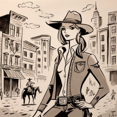 drawix23  cowgirl girl in the wild west, with buildings and riders in the background,  very detailed<lora:drawix23:1>