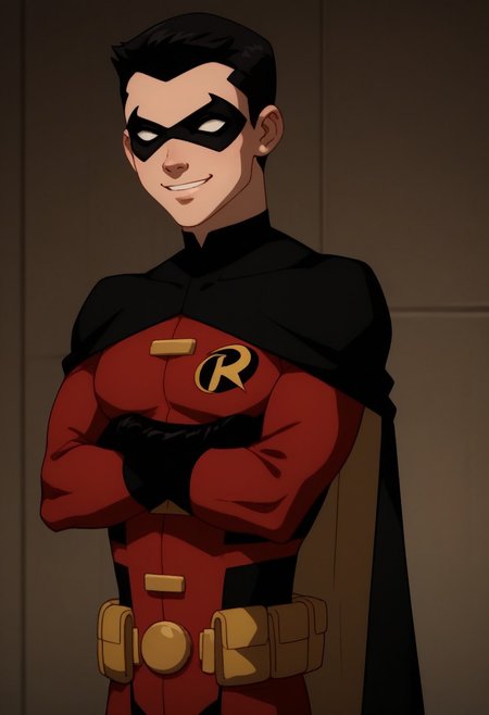 score_9, score_8_up, score_7_up, highly detailed, cute boy, 1boy, solo, timdrakeyj, red outfit, robin symbol, black cape, utility belt, domino mask, black hair, smile, arms crossed