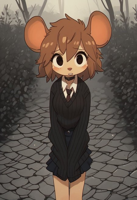 score_9, score_8_up, score_7_up, score_6_up, source_furry, source_anime, (short, diminutive, smol, short stack), (anthro, mouse, snout, mouse paws, digitigrade, buckteeth, female, small breasts), (dress shirt, skirt, tie, sweater, long sleeves, choker), cute, adorable, slim, thin, bottom heavy, (hair, fluffy hair, short hair, brown hair), (shy, timid), solo, dynamic pose, looking at viewer, outdoors, gothic