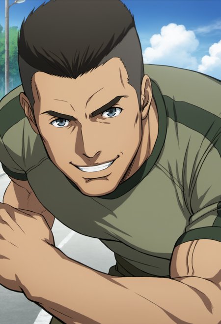 1boy, daisukeshinoyama_aico, tight green military shirt, black hair, crew hair cut,,  veiny arms, manly, muscular, stocky body, big muscle, score_7_up, score_6_up, score_8_up, score_9,  looking at viewer, detailed eyes, 8k uhd, high quality , standing in road, blue sky, close_up, front view,  face_focus, smile, front view, fight pose