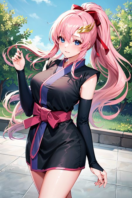 masterpiece, best quality, highres, lacus3, 1girl, solo, lacus3, pink hair, short kimono, blue eyes, hair ornament, very long hair, black sleeves, sleeveless, japanese clothes, bow, black kimono, hair bow, ponytail, floating hair, hair between eyes, large breasts, <lora:lacus_clyne_v10:0.6>, cowboy shot, outdoors, walking,