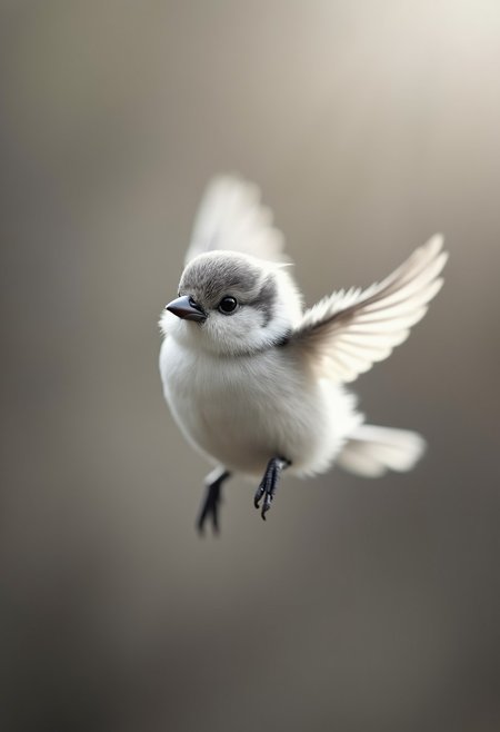 A small, adorable bird is in flight, with soft feathers and a rounded body. Its (white and light gray) plumage creates a gentle contrast. The background is a (monochromatic) blur, making the bird's image stand out even more. Its eyes are bright, and the (pure and flawless) appearance conveys a sense of innocence. The entire scene exudes a (peaceful) and (warm) atmosphere, as if capturing one of the most beautiful moments in nature.