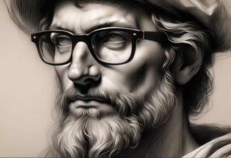 (masterpiece), 
Black and white Renaissance drawing of a mid-age man, short beard, large glasses,
Black and white tones,
HDR, highly detailed, 32k, 
looking at viewer, Style-Renaissance