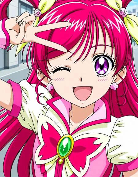 <lora:dmd2_sdxl_4step:1>,1girl,official style,masterpiece,best quality,newest,very aesthetic,highly detailed,high resolution,absurdres,highres,depth of field,super detailed skin,very awa,Anime,anime coloring,anime screencap,<lora:cure_dream_V1:1>,cure dream,abstract_background,smile,open mouth,street,stylish_pose,one eye closed,v,