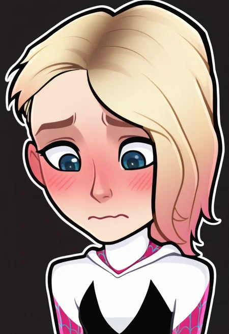 sticker, colorful, outline, chibi,
masterpiece, best quality, very aesthetic, absurdres,
1girl, gwenstacy, blonde hair, blue eyes, asymmetrical hair,
hooded bodysuit, spider web print,
blush, embarrassed, looking down, upper body, simple background, black background,  <lora:StickerNoobLocon_byKonan:1> <lora:GwenStacyNoobXL_byKonan:1>