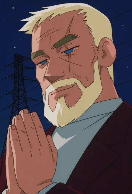 1boy, (portrait:1.5), standing, outdoors, night, night sky, star, sky, transmission tower, half-closed eyes, light smile, (full beard:1.5), clapping, praying,
BREAK
<lora:Hexon_from_Crayon_Shin-chan_Pursuit_of_the_Balls_of_Darkness_v1.0:1> thick arms, large pectorals,
cs97hexon, 2000s \(style\), retro artstyle, old man, blonde hair, blue eyes, thick eyebrows,
maroon suit, turtleneck, scar on face, scar across eye,
BREAK
very awa, masterpiece, best quality, absurdres, newest, perfect quality, detailed background, intricate details,